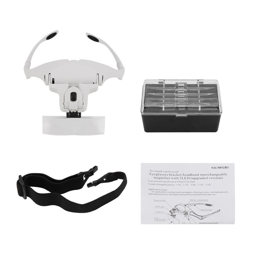 Hands Free Eyeglasses Bracket Magnifier with 5 Pcs Lenses Headband 2 LED Head Lights