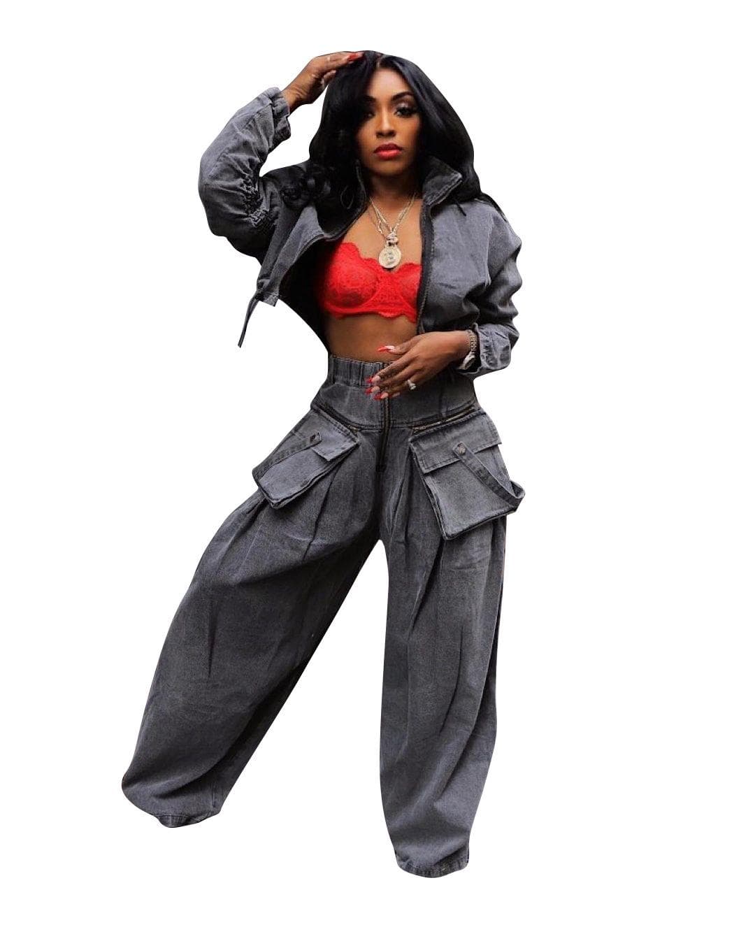TS1288 Women's European & American Casual Loose-Fit Denim Suit XXL gray