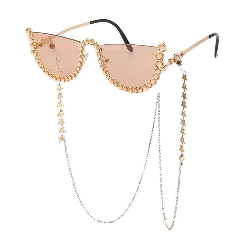 Diamond Cat Eye Chain Sunglasses Women Semi-Rimless Sun GlassesBrand Designer Crystal Sexy Frame Rhinestone Eyewear Oculos as picture