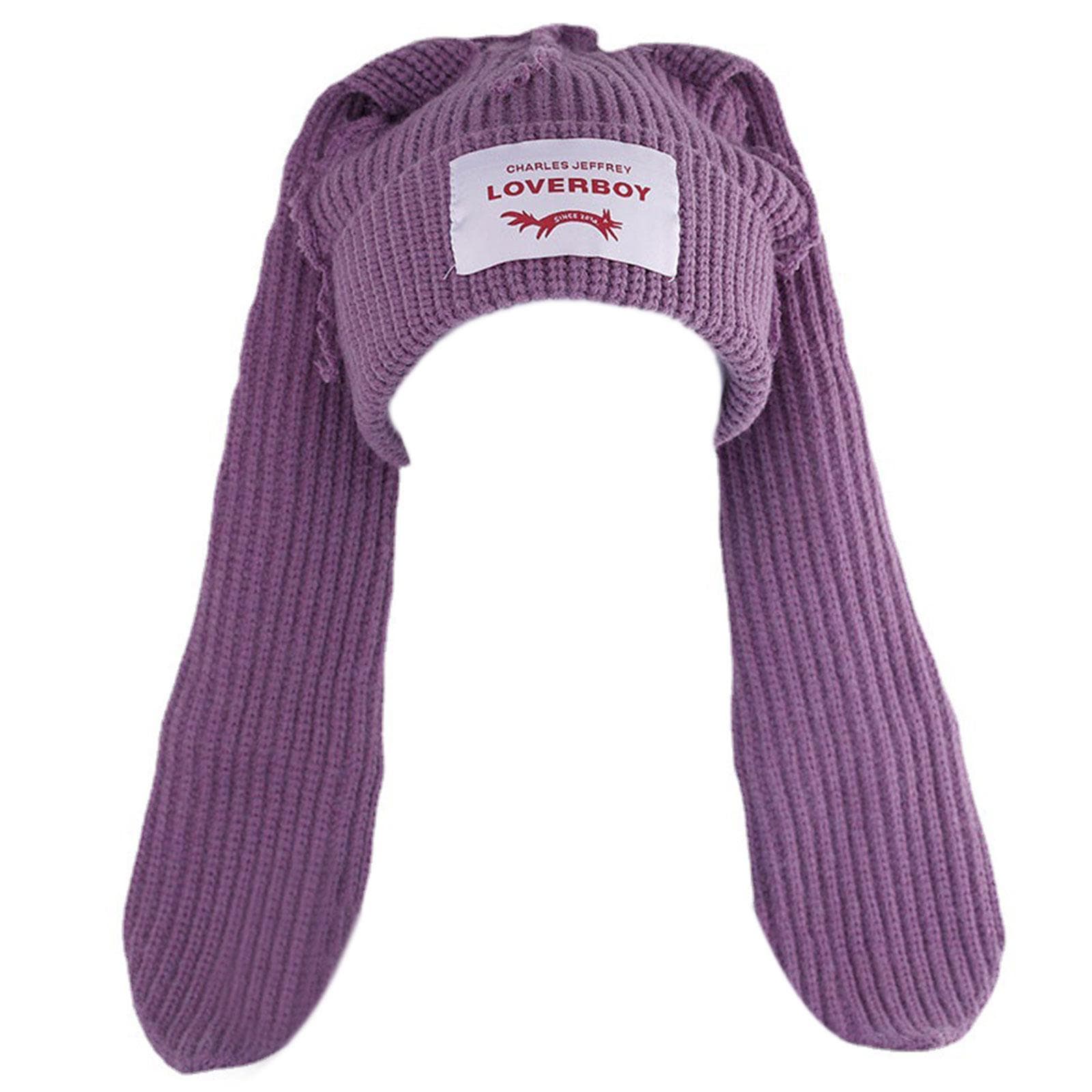 Crochet Knitted Hat Skullies Beanie Long Ear Hat Cute Bunny Hat Rabbit Ears Hat Women Autumn Winter Warm Funny Hat purple