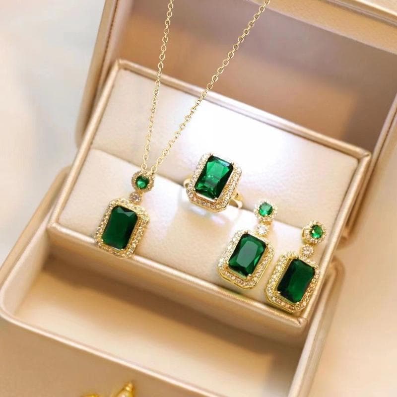 Exquisite Fashion Emerald Perfume Bottle Necklace Earrings Ring 3 Piece Set Classic Banquet Wedding Jewelry Set Birthday Gift opp bag green