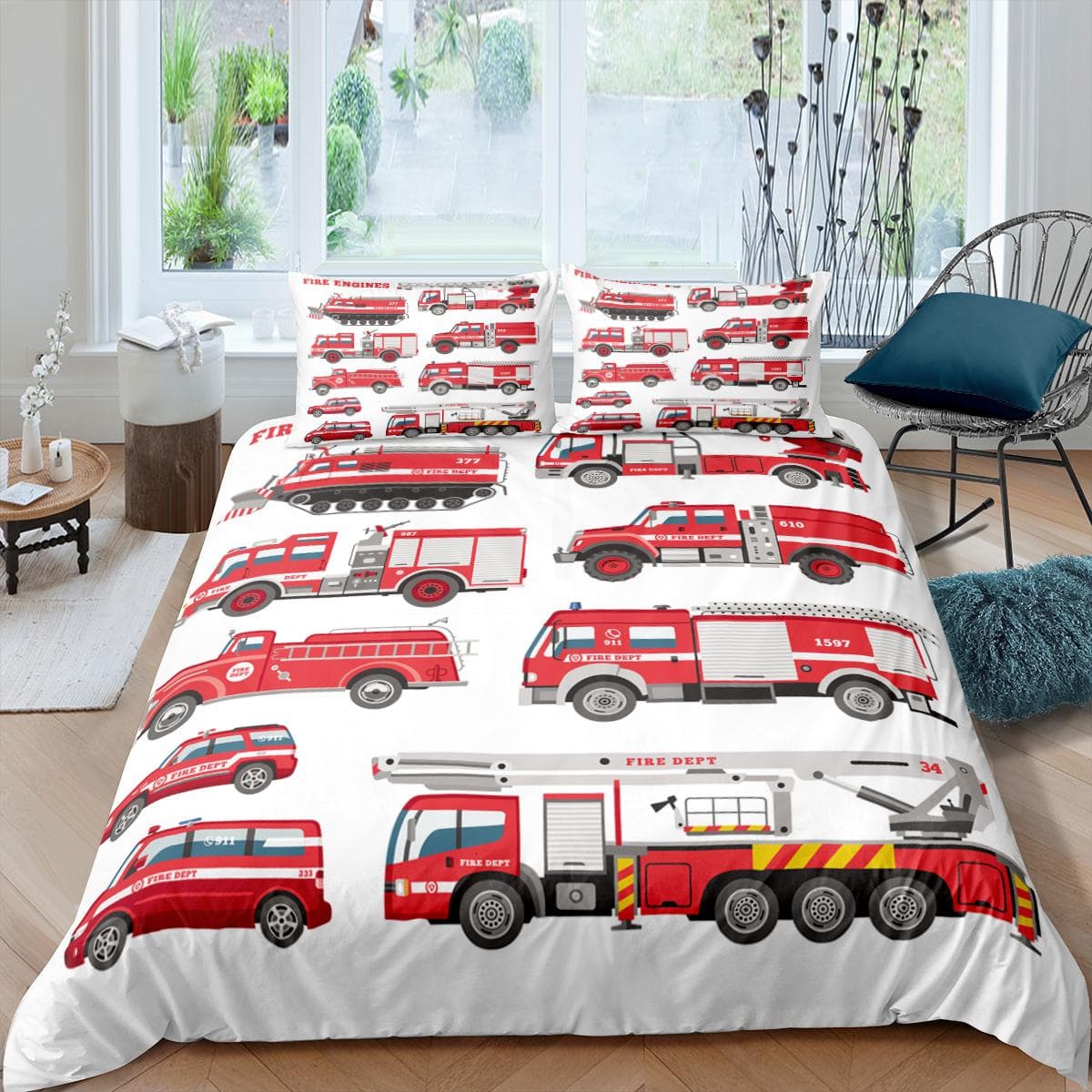 Fire Truck King Queen Duvet Cover Cartoon Police Car Bedding Set for Kids Boys Firefighter Quilt Cover Polyester Comforter Cover 70x133cm 2pcs