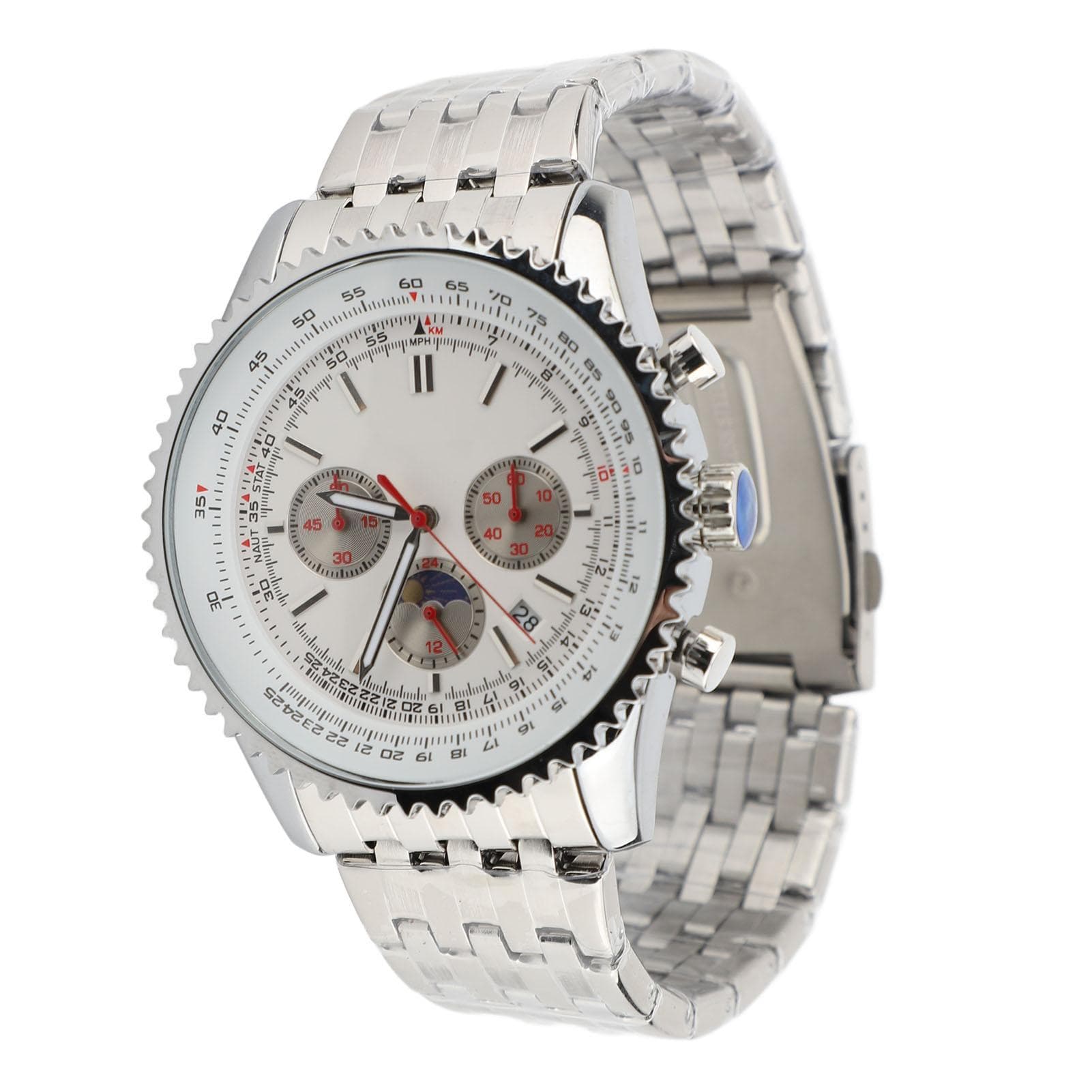 Men Quartz Watch with Calendar and Moon Phase Zinc Alloy Case Stainless Steel Strap Men Wristwatch silver