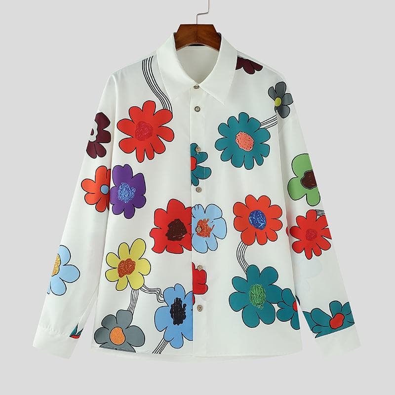 INCERUN Men Lapel Neck Shirts Long Sleeve Patchwork Floral Print Tops M white