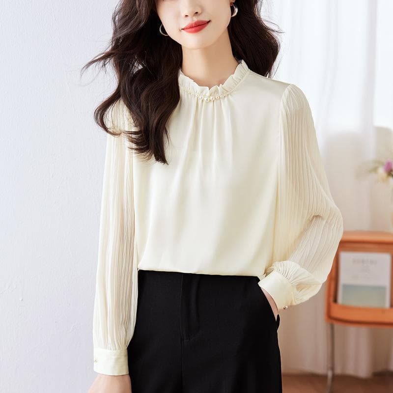 Long Sleeve Autumn New Shirt Beautiful Chic Chiffon Shirt French Top 2XL apricot