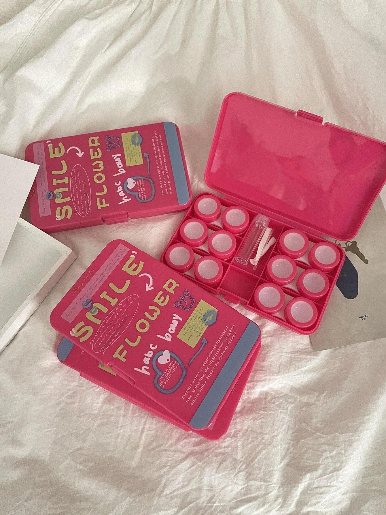 Creative American Style Double Contact Lens Case - Portable Eye Lens Box with Mirror and Tweezers - Simple and Cute Design red