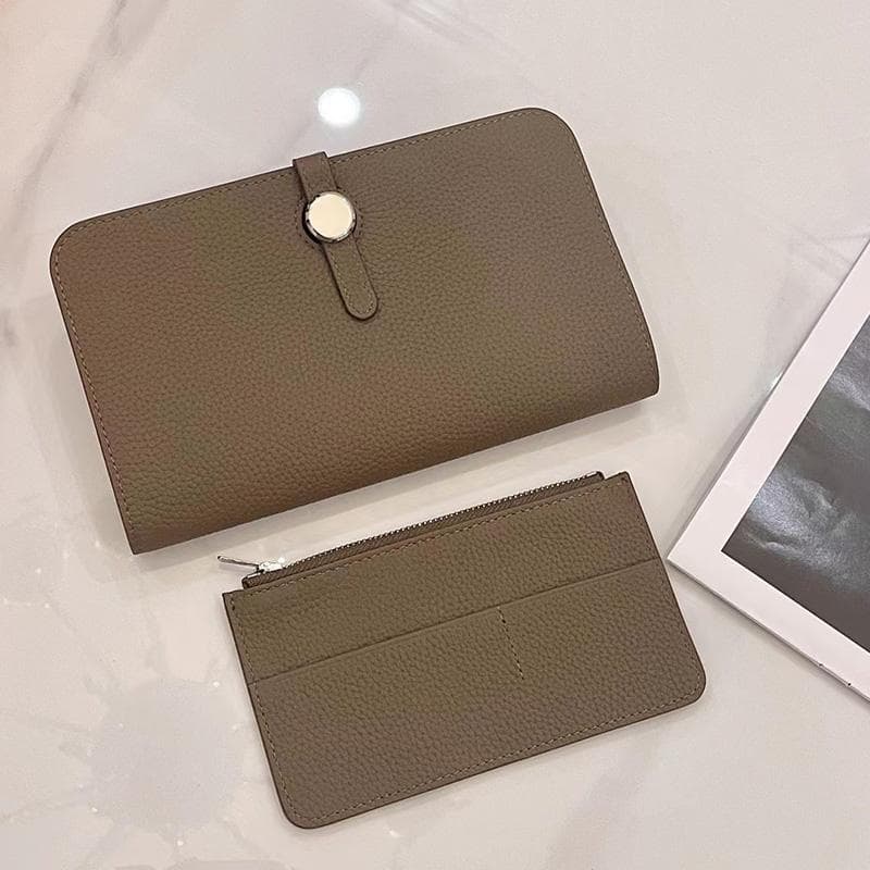 Luxury Genuine Leather Women Wallets Long Cowhide Purse High Capacity Gold-tone Hasp Clutch Bag Brand Design Ladies Billfold khaki