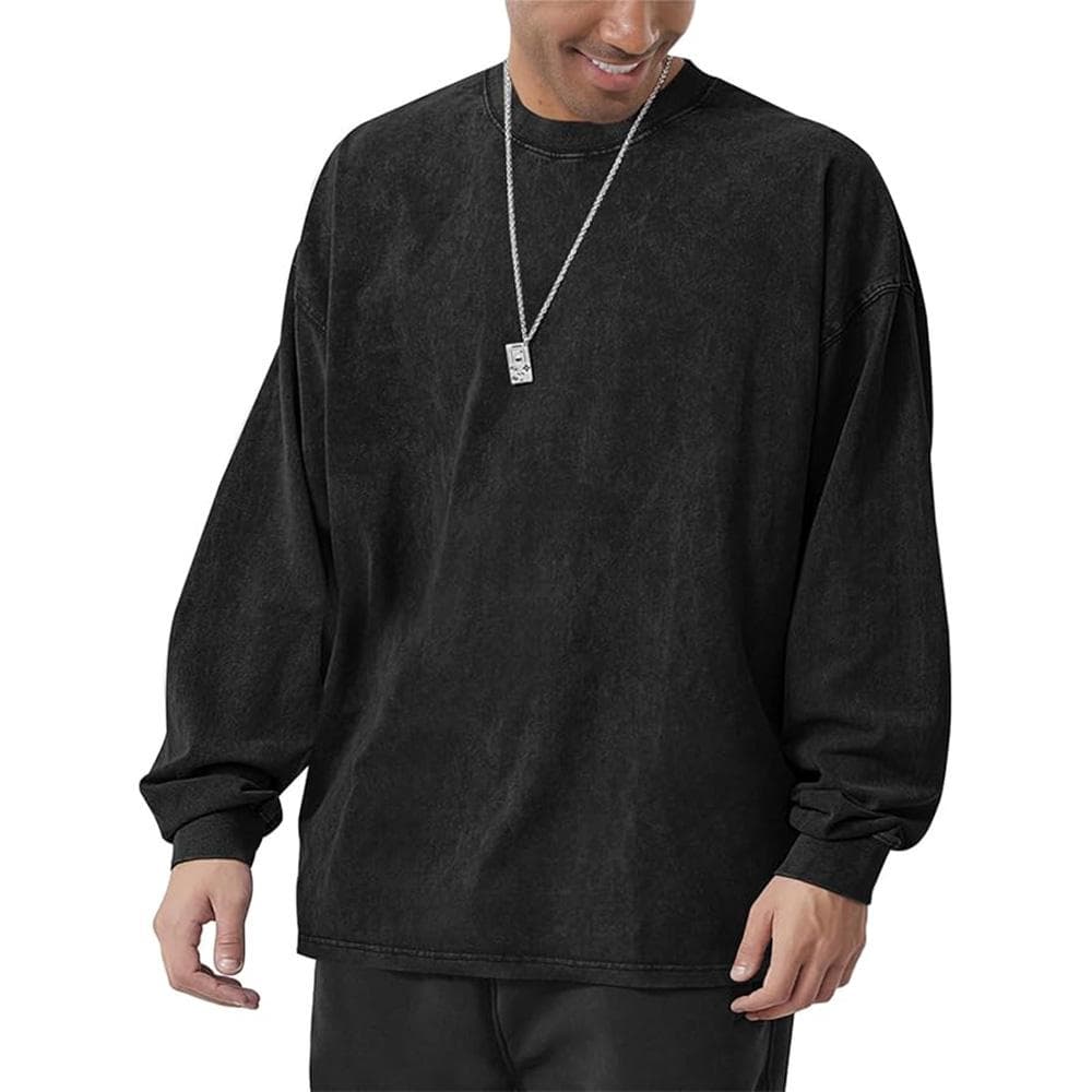 230G Men's Oversized Cotton T-Shirts Heavy Weight Crew Neck Vintage Wash Tee Long Sleeve Casual Gym Workout Tops XL black