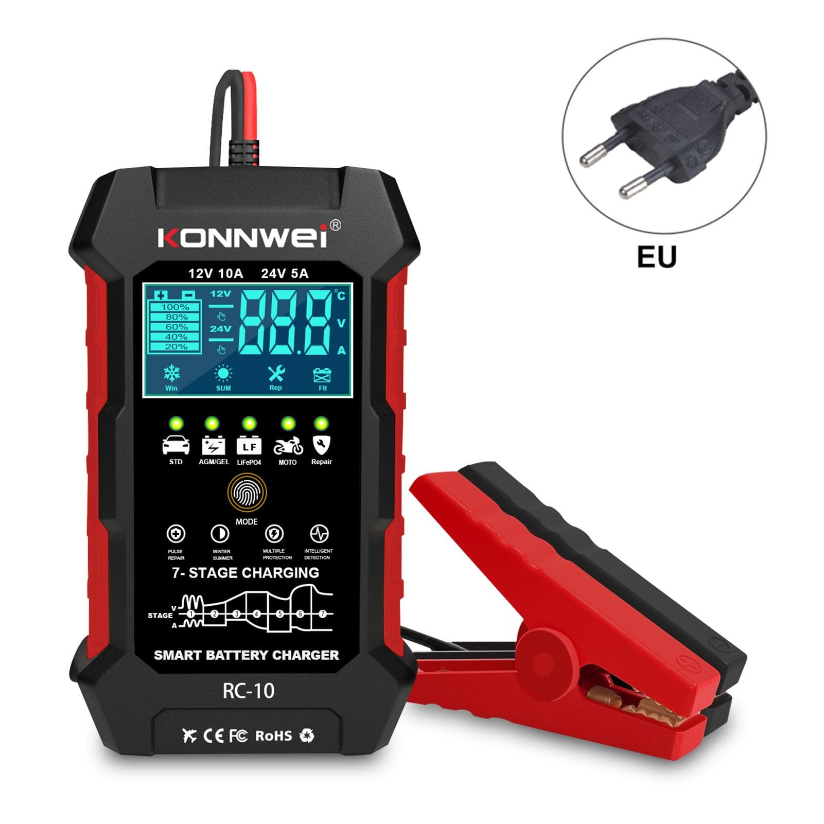 Konnwei RC10 12V 10A & 24V 5A Battery Charger Battery Pulse Repair Tool for Leadacid Automotive, EU black