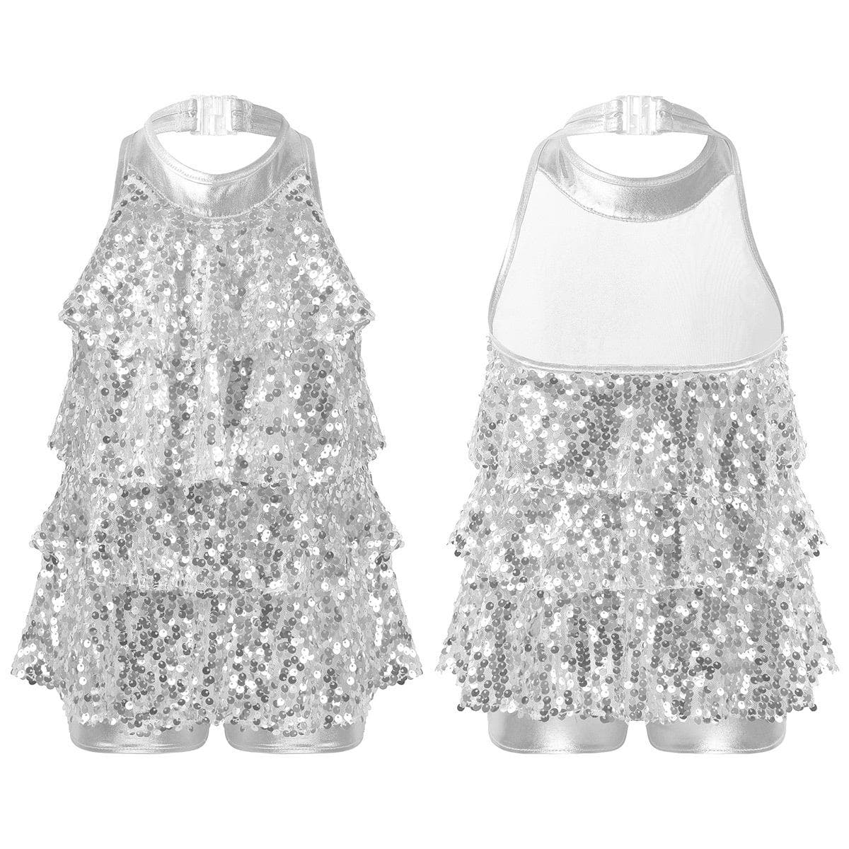 Dancewear for Kids Girls Halter Neck Sequins Jazz Dance Costume Shorty Unitard Dress 5-6 Years silver