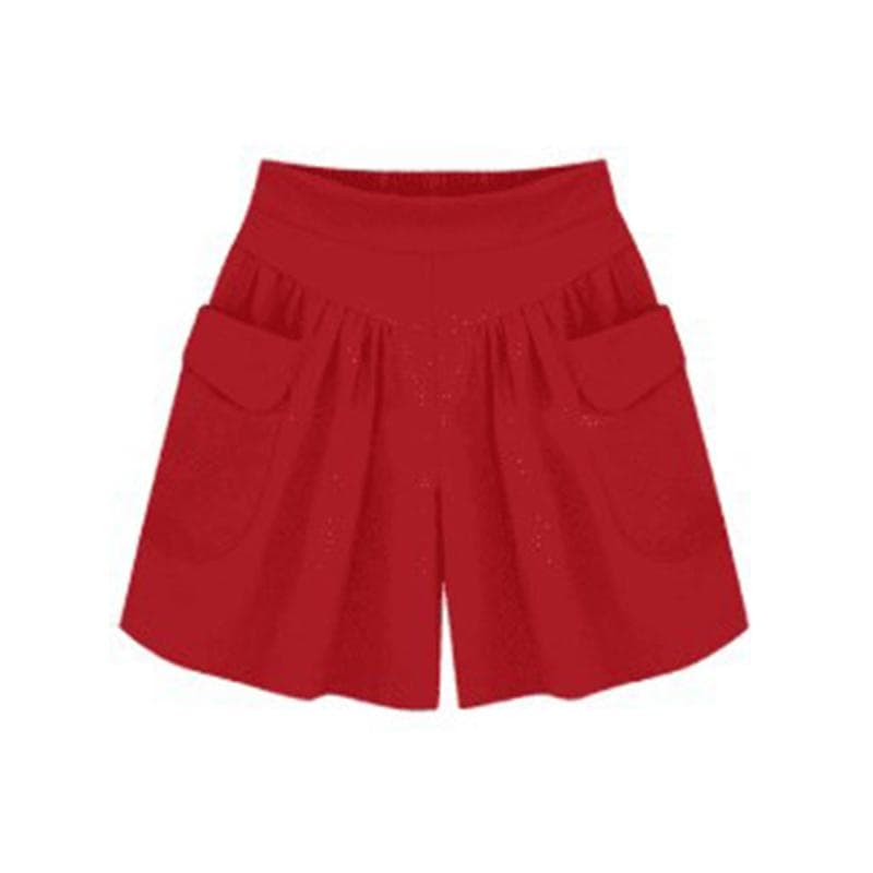 Women Fashion Summer Loose Casual Shorts Elastic Waist Beach Shorts Solid Color Breathable Wide Legs Pants L red
