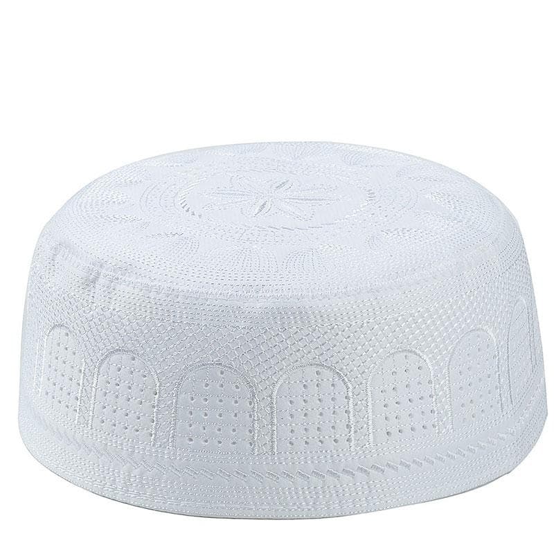 1Pc Muslim Hats Arab Men Prayer Hat Musliman Turban Cotton Embroidery Man Hijab Bonnet 57cm white