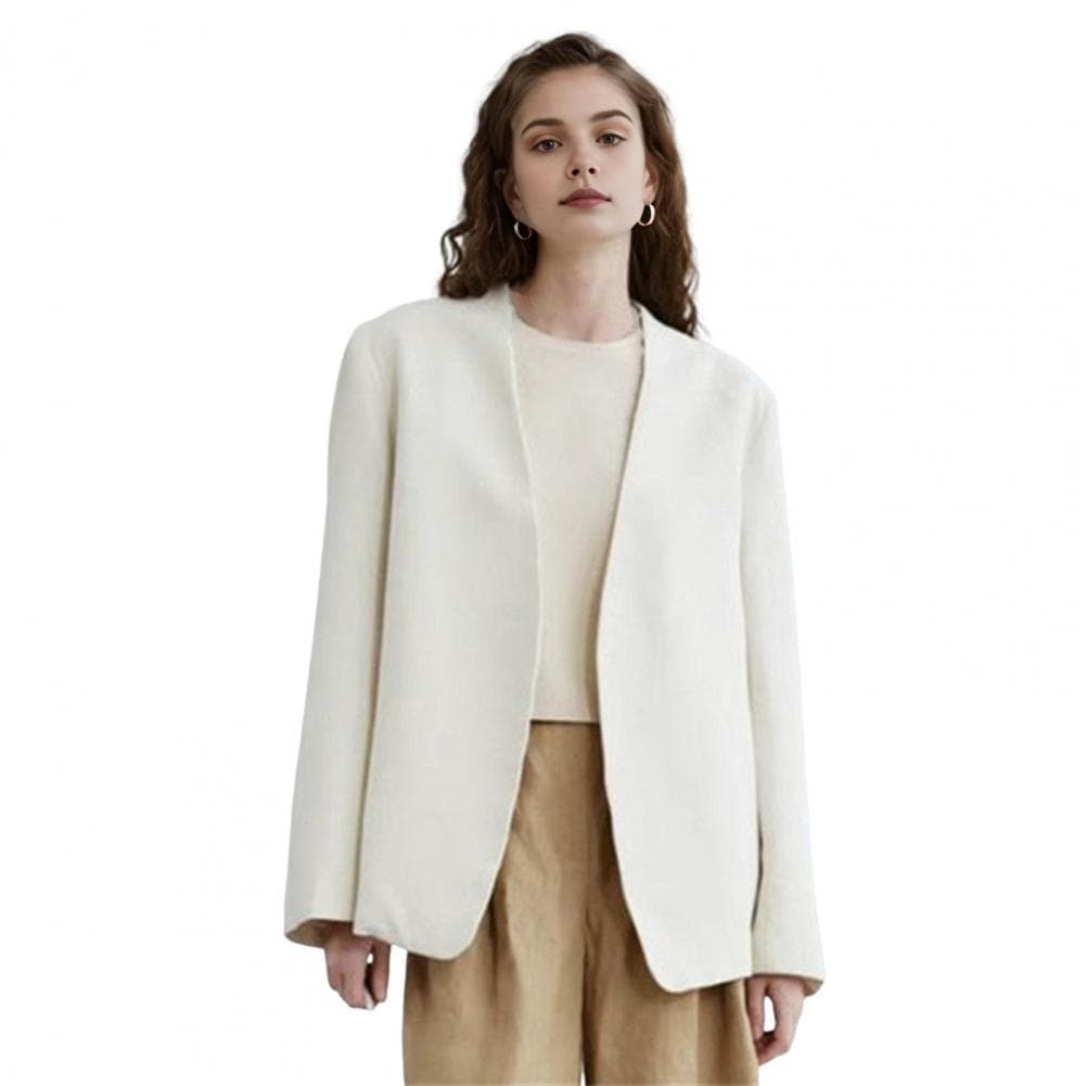 Women Suit Coat Collarless Long Sleeve Open Front Suit Jacket Solid Color Loose Fit Business Cardigan Office Formal Coat XXXL beige