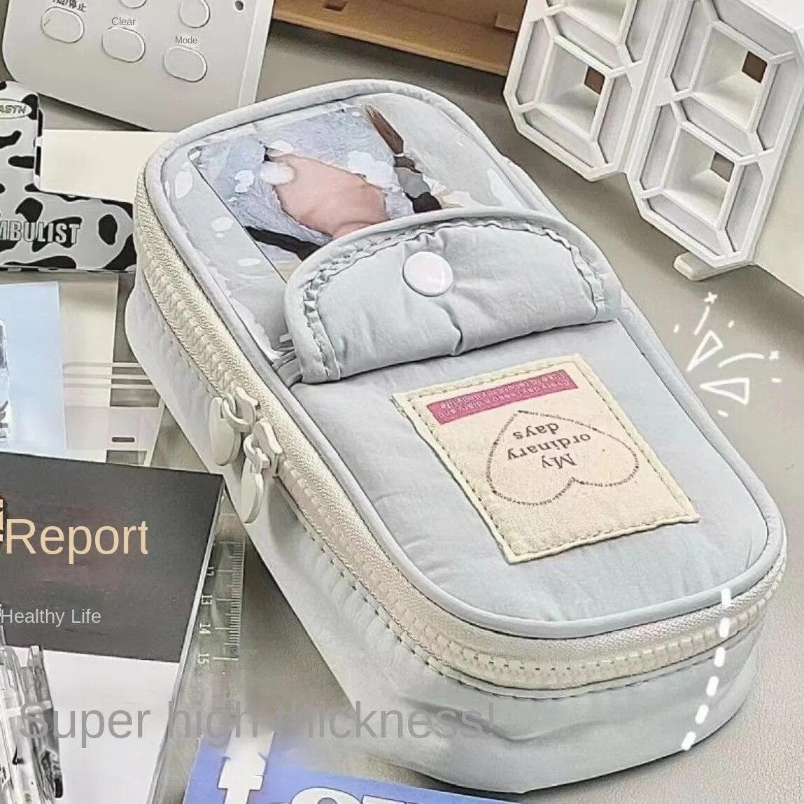 Retro Travel Organizer Bag Simplicity Blue Series Cosmetic Bag Heart Zipper High-Capacity Pencil Case