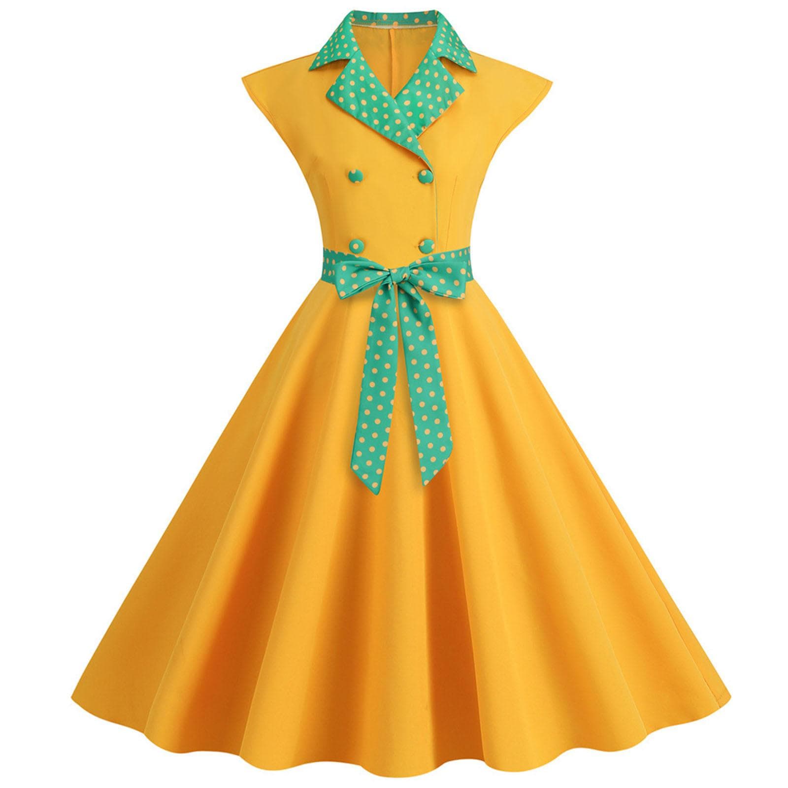 Women's Fashionable Suit Collar Polka Dot Casual Solid Color Large Swing Dress With Belt XL yellow