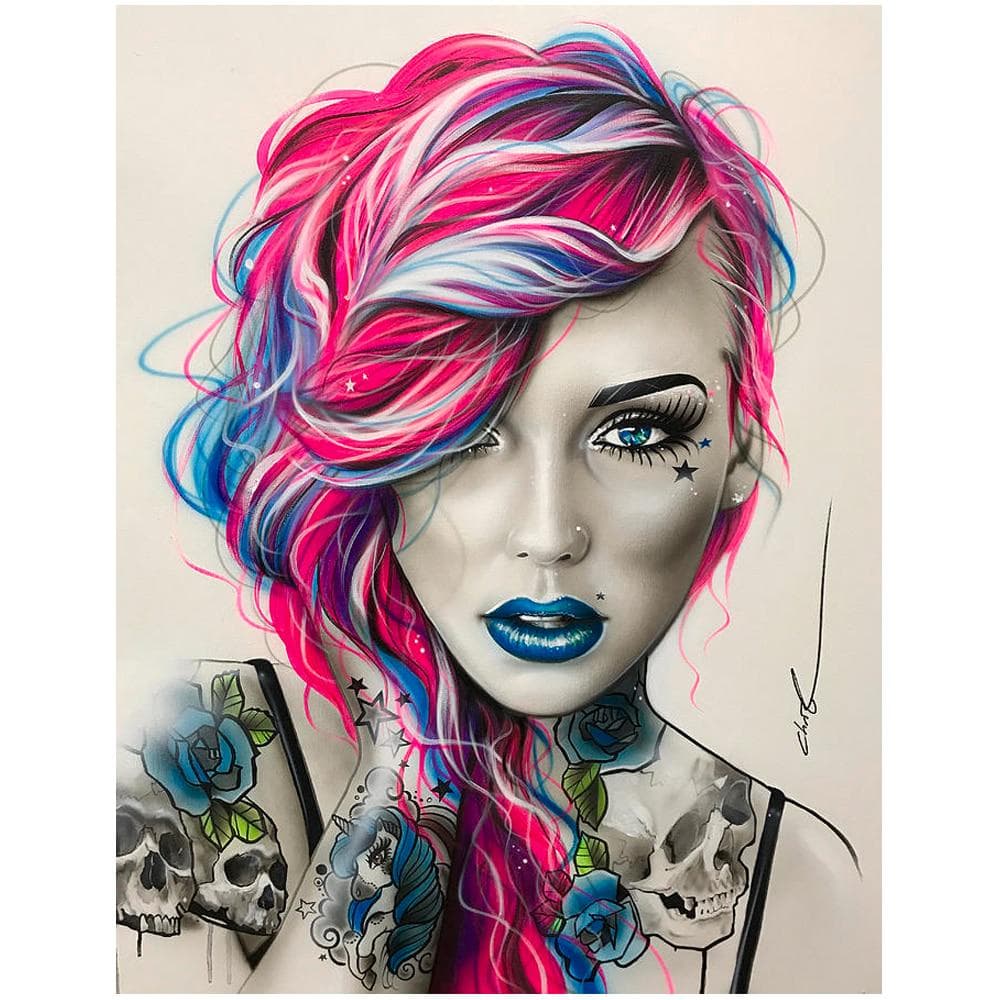 Skull Woman 5d Diy Diamond Painting Round Diamond Embroidery Red Tousle Portrait 20X30CM