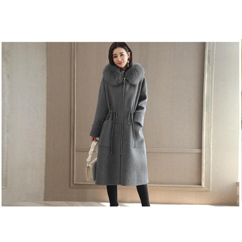 Autumn and Winter Thickened Woolen Women's Coat Long Fur Collar Coat L