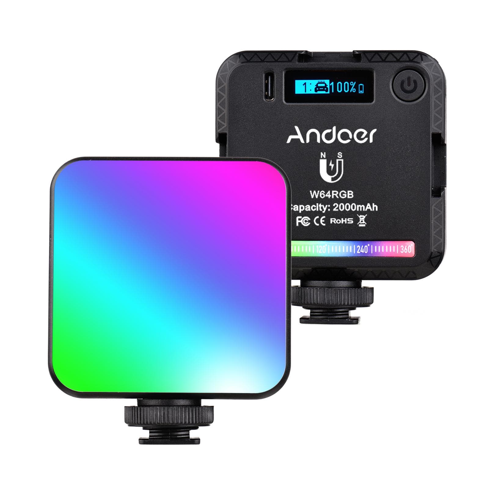 Andoer W64RGB Mini RGB LED Video Light Rechargeable Photography Fill Light CRI95+ 2500K-9000K black