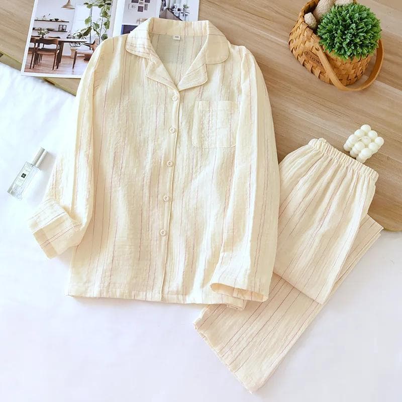Spring and Autumn New Japanese Style Pajamas Set 100% Cotton Striped Long Sleeves and Trousers Two-piece Set Thin Home Wear M
