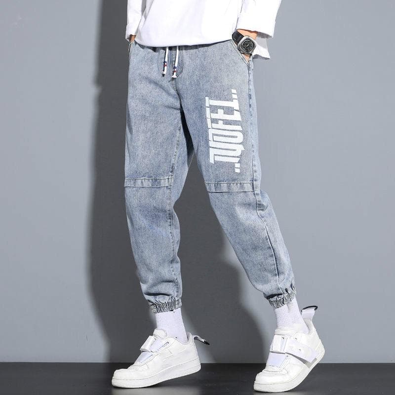 Graffiti Printed Jeans Men's Loose Straight Ins Plus Size Drawstring Ankle Pants S