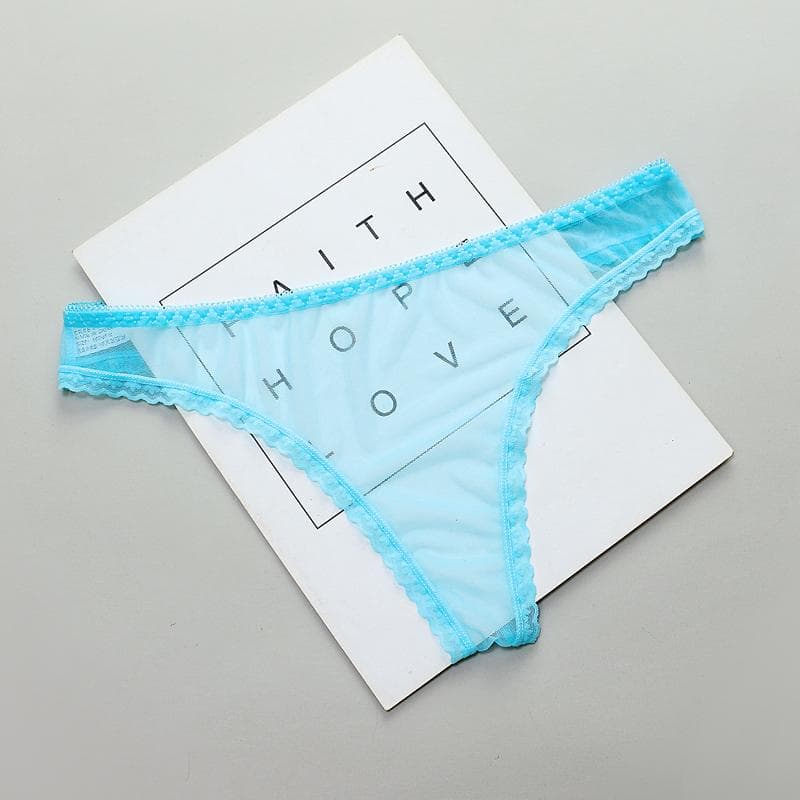 Amazing Women's Lingerie G String Lace Underwear Femal Sexy T-Back Thong Low-Waist Transparent Panties one size blue