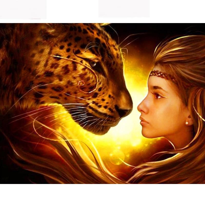 Diamond Painting Diamond Embroidery Diamond Mosaic Full Round Leopard and Woman 20X30CM