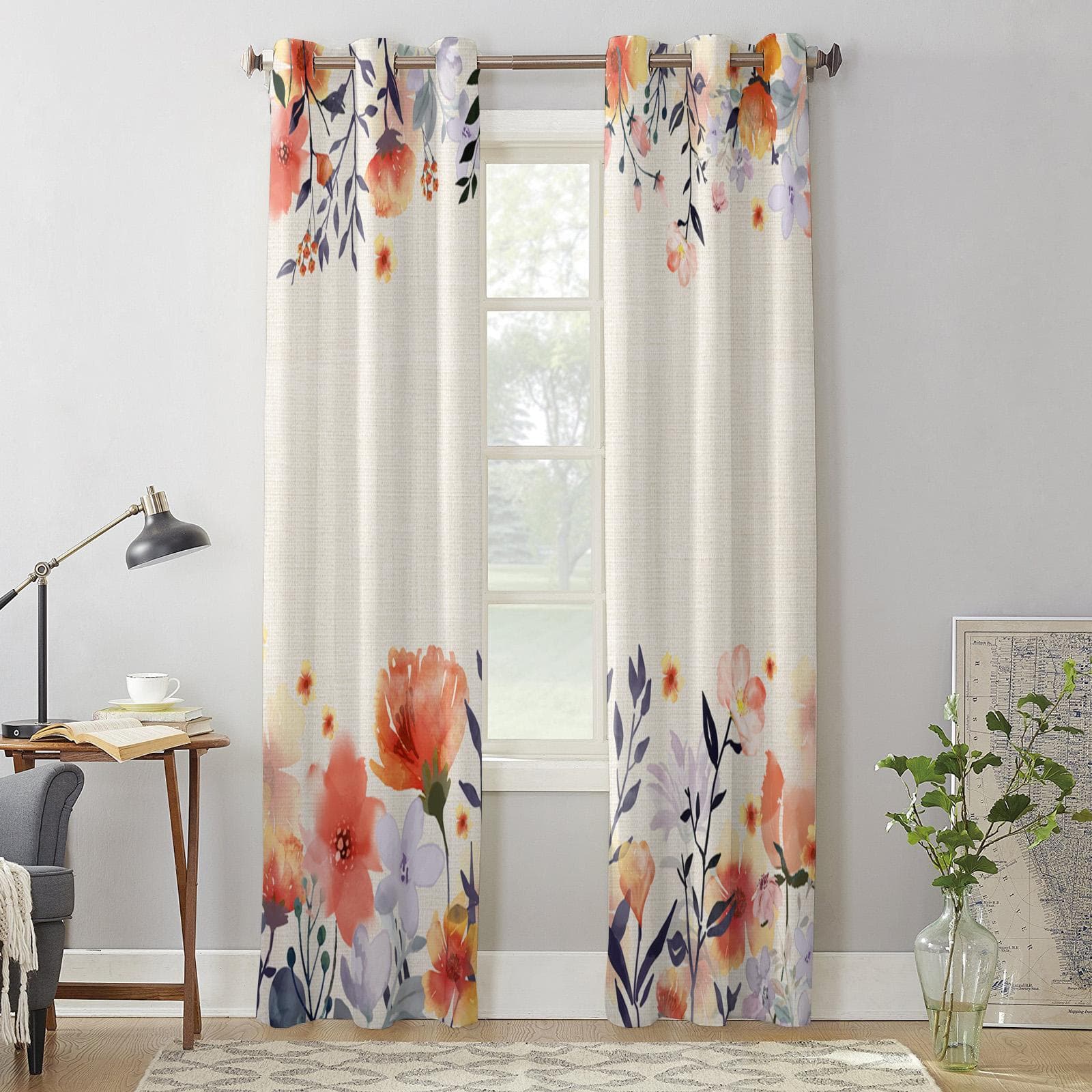 Plant Flower Watercolor Orange Window Curtains for Living Room Bedroom Curtain Modern Kitchen Blinds Drapes Curtains 135W x 60H(cm) x1