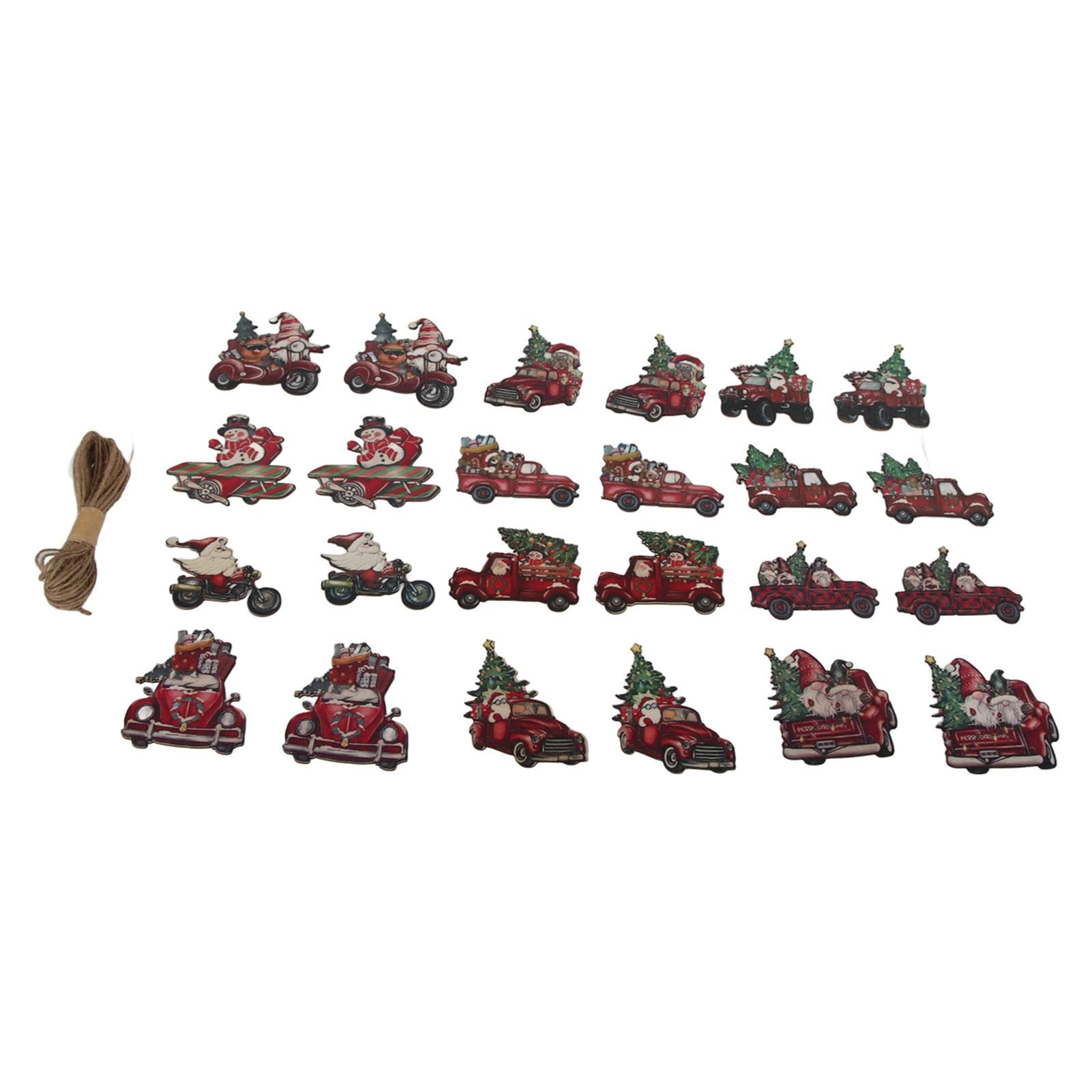 24pcs Christmas Wooden Decoration Xmas Wood Slice Hanging Ornament Christmas Tree Red Truck