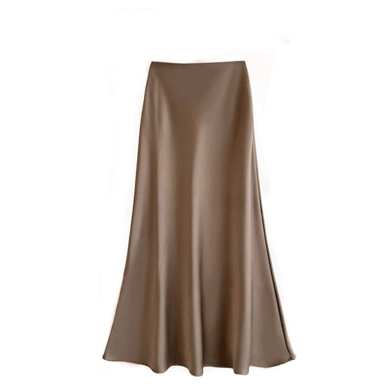 High Waisted Slimming Mid Length Satin Acetate Silk Smooth Half Skirt Spring/summer Wrap Buttocks Fishtail A-line Long Skirt XXL khaki