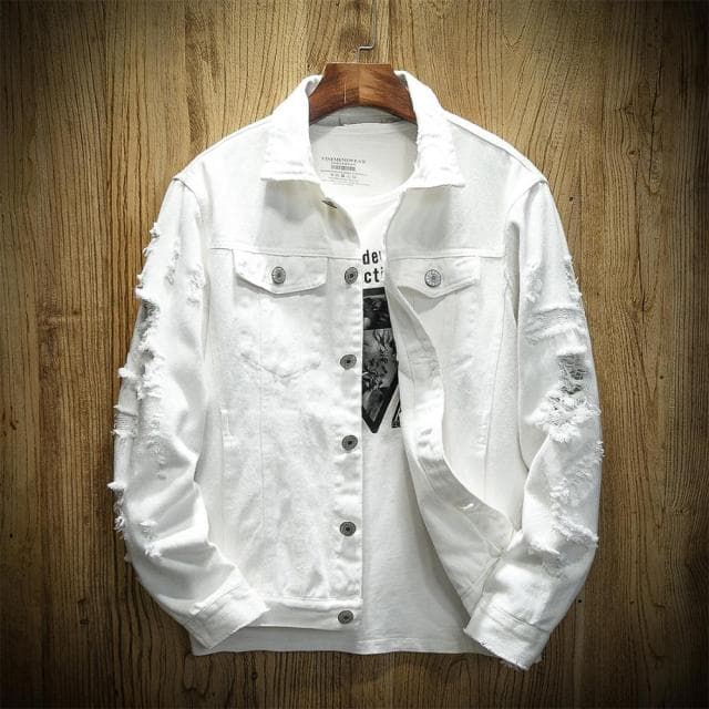 2021 Autumn New Men's Jean Jacket Slim Fit Cotton Denim Jacket Red White Black Ripped Hole Jean Coats Men Outwear Plus Size S white