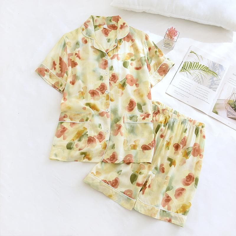 Summer New Women's Pajamas Set Viscose Fiber Short-sleeved Shorts Two-piece Set Thin Large Flower 2XL yellow