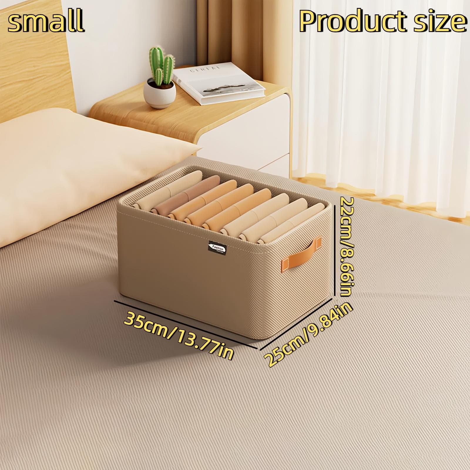 Foldable Storage Basket with Handles for organizing & classifying socks, clothes, blankets Small khaki