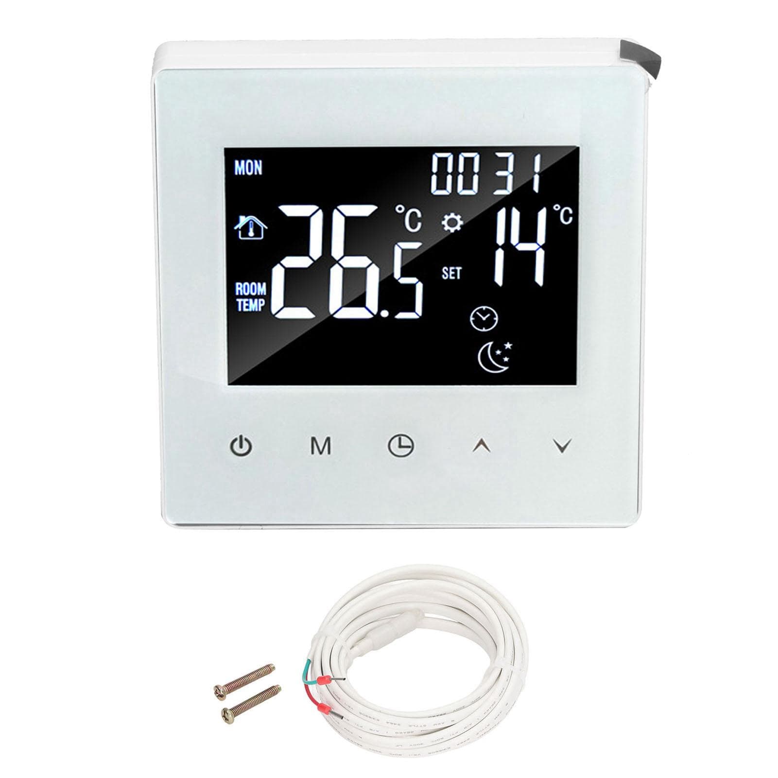 Digital Thermostat Screen Programmable Home Thermostat with 3 Meter Sensor Line for Electric Floor white