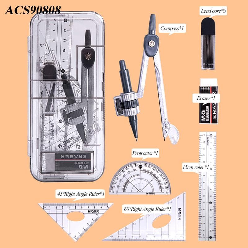 8 Pcs/Set Compass Ruler Set Protractor Drawing Triangle Eraser Compasses Set Math Students School Supplies