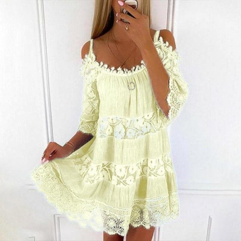 Sexy Off Shoulder Lace Dress Casual Loose Sweet Dress Summer Short Sleeve Camisole Solid Color O-neck Short Mini Dresses 26249 XXXL yellow