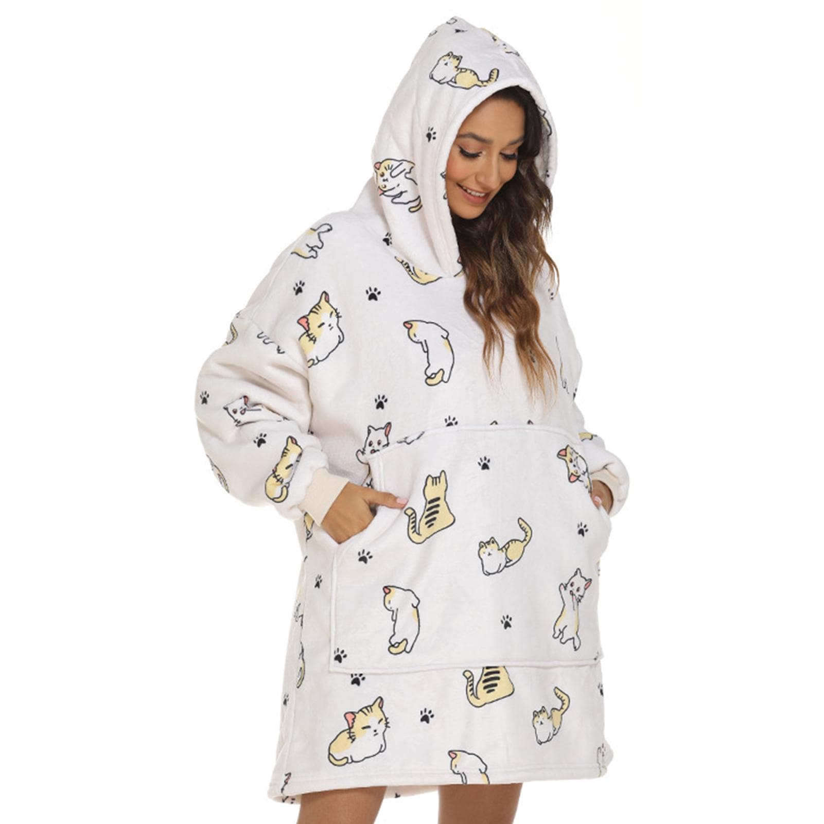 Long Sleeve Print Oversized Hoodie Women Cute Casual Warm Pullover Sweatshirt Sleepwear with Pocket Free Size for Adult