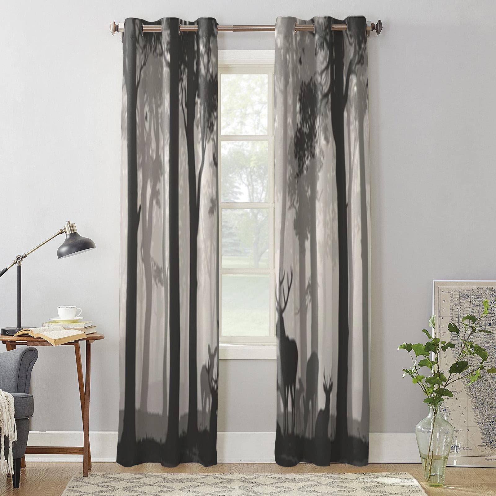 Forest And Deer On Natural Background Window Curtain For Living Room Bedroom Decoration Curtains Luxury Kitchen Valance Curtains 135W x 60H(cm) x1