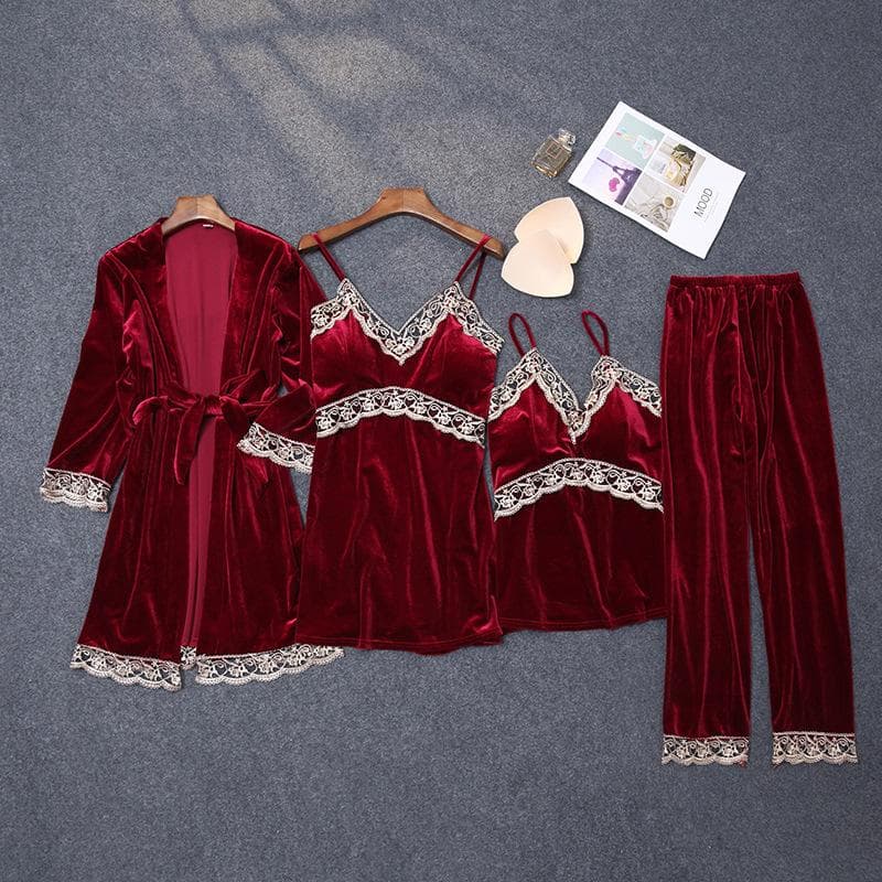 4 Pieces Lace Velvet Pajamas Sets Women Warm Pyjamas Sleepwear Robe Pants Winter Pijamas Bathrobe Sexy Lingerie Autumn Pyjamas M