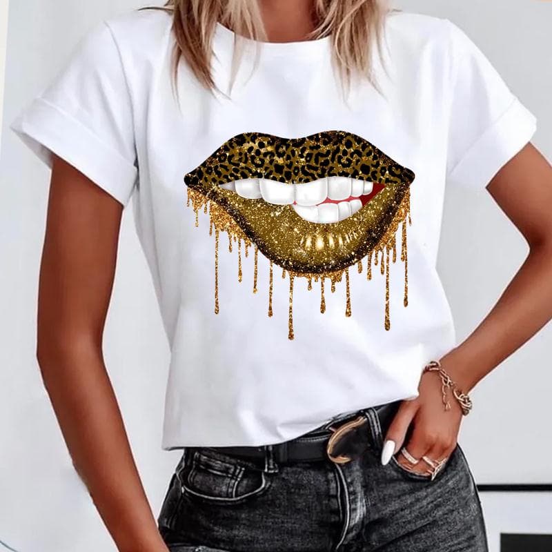(Asian size) Short Sleeve Lip Love Sexy Trend Cute Lovely Women's Print Tee Top Summer Fashion Tshirt Woman Female Basic T Clothing Graphic T-shirts M