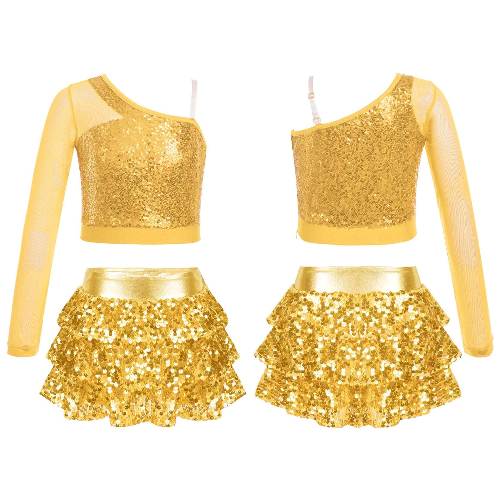Girls Cheerleading Dance Suit Kids Jazz Dance Performance Stage Costume Sequins Dance Party Suit 11-12 Years gold
