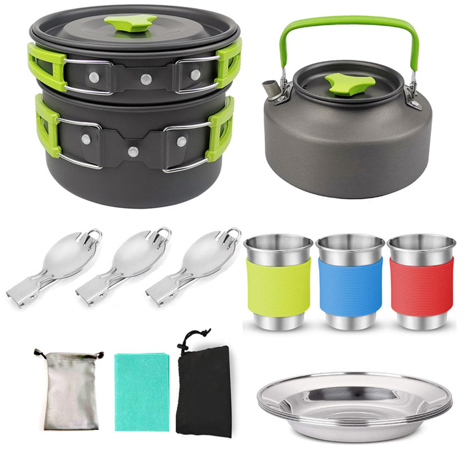 Camping Cookware Set Outdoor Cooking Equipment for Camping Hiking and Picnics for 2-3 People All in green