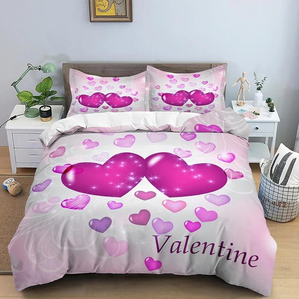 3D Love Heart King Queen Duvet Cover Valentines Gift Bedding Set for Girls Women Couples Soft Polyester Quilt Cover Home Textile 70x133cm 2pcs