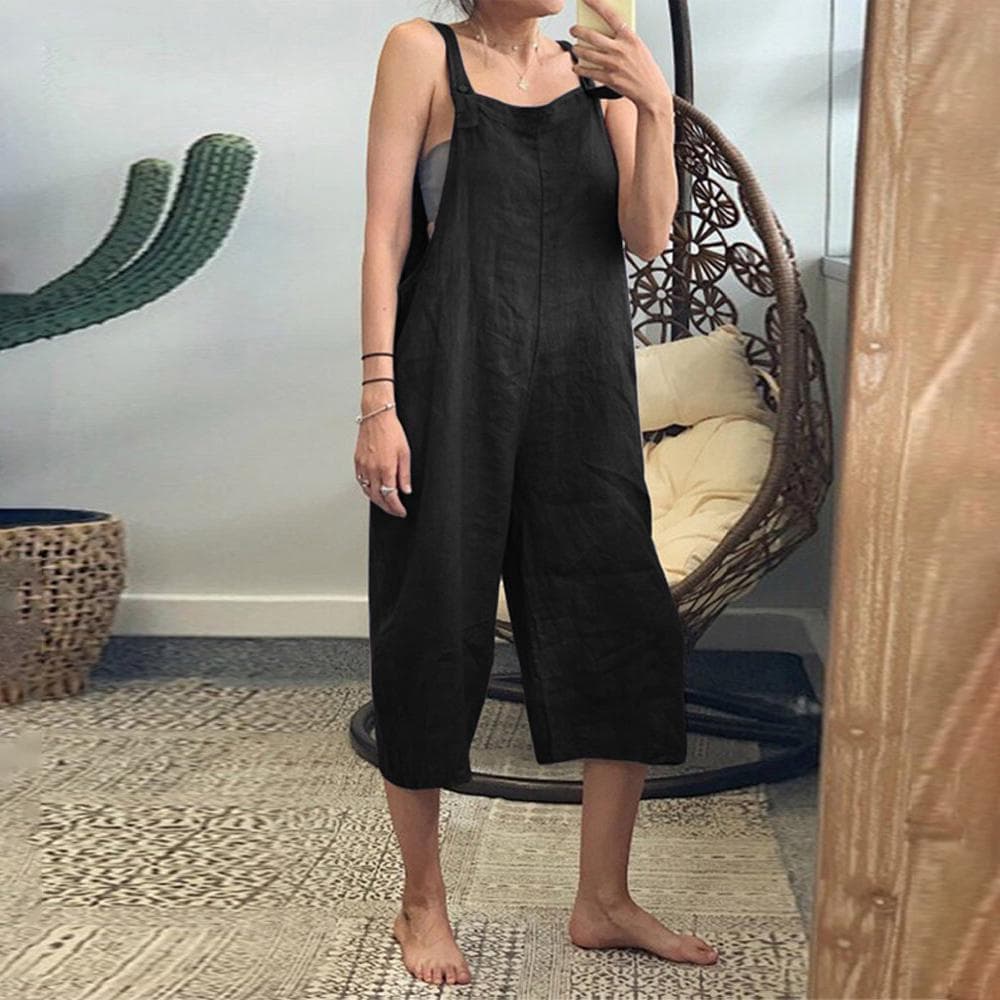 Women Vintage Jumpsuits Cropped Pants Adjustable Shoulder Straps Pockets Wide Leg Romper Casual XXLarge black
