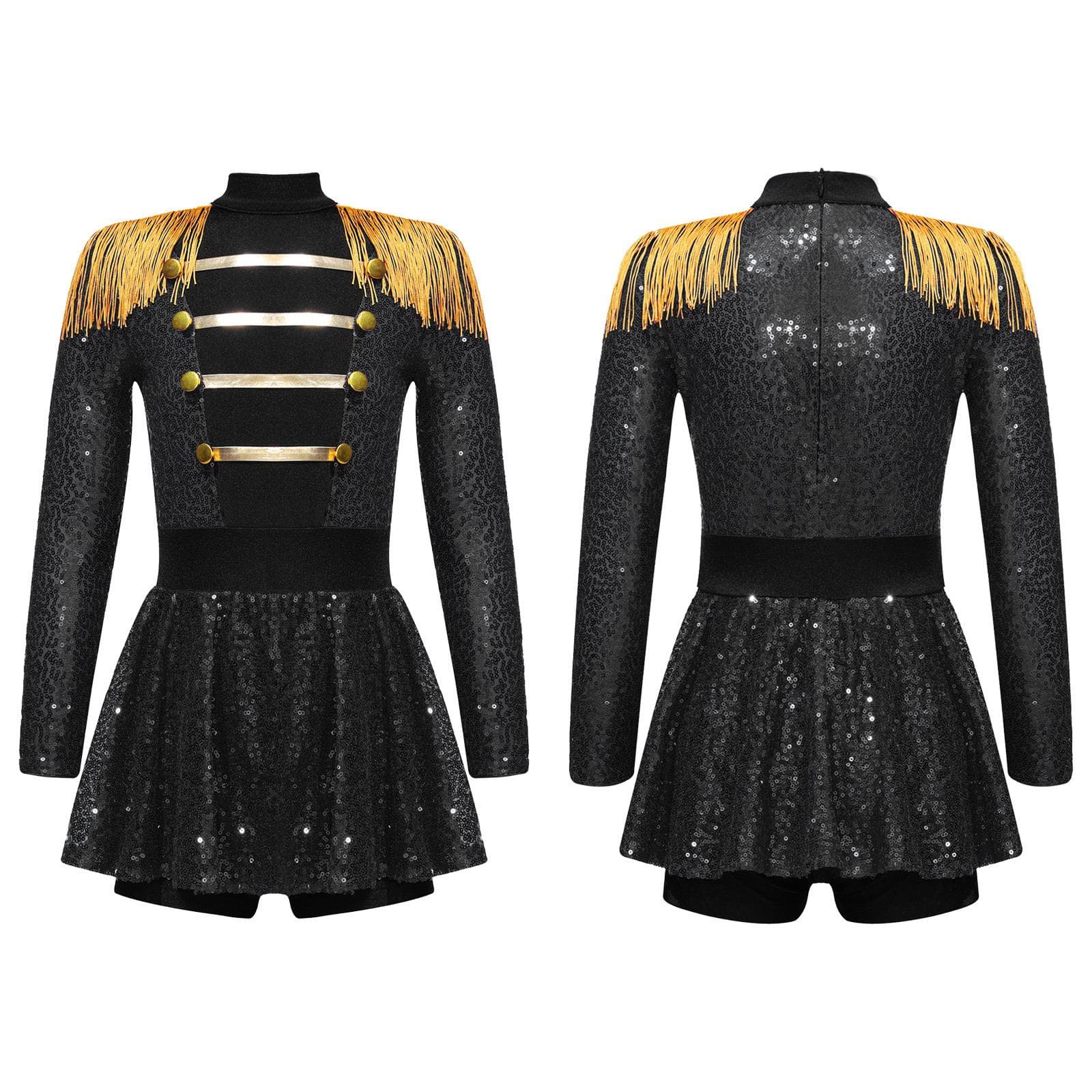 Kids Girls Halloween Party Circus Ringmaster Costume Shiny Sequined Tassel Gymnastics Leotard Dress Dancewear 11-12 Years black