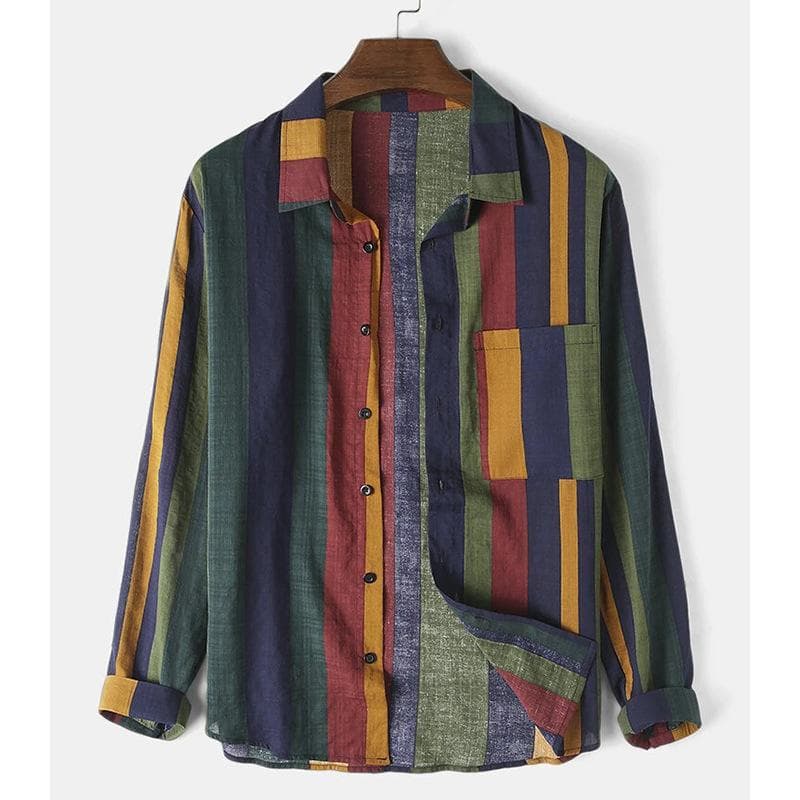 Autumn and Winter New Fashion Men's Casual Shirt Seven Colours Striped Long-sleeved Lapel Street Shirt L green