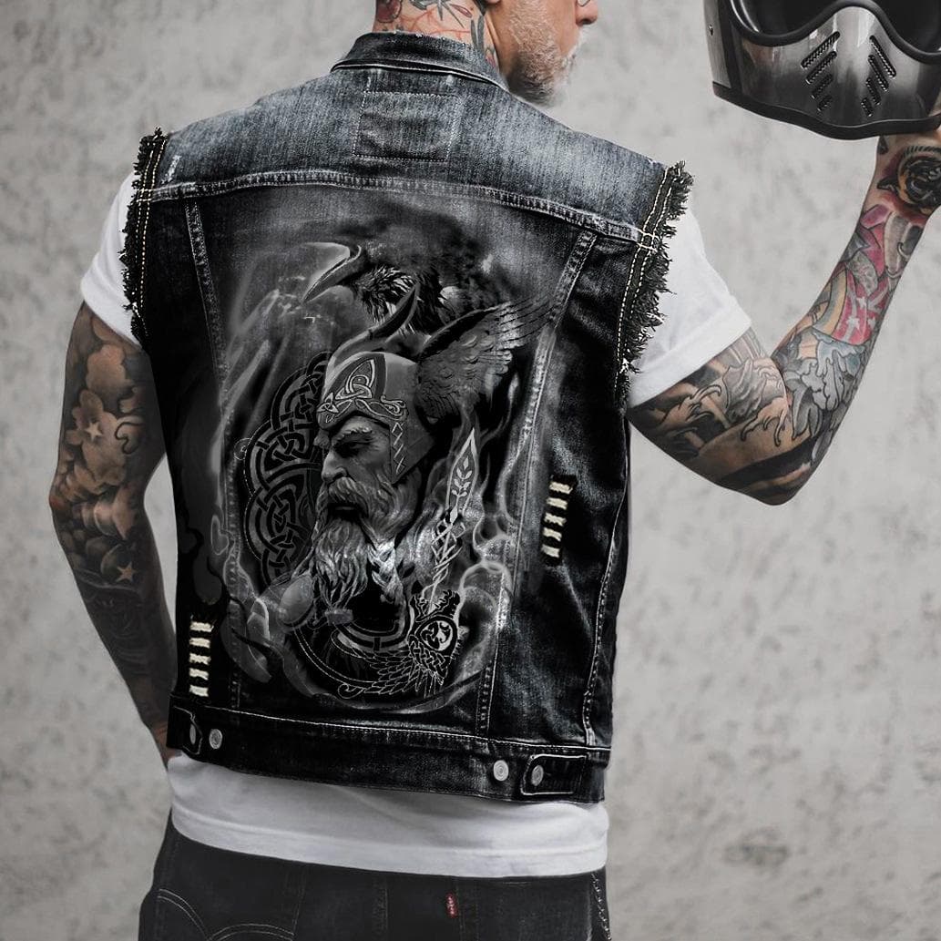 2578 * Men's Vest With Holes In Seasonal Motorcycle Denim Printed Vest 4XL black