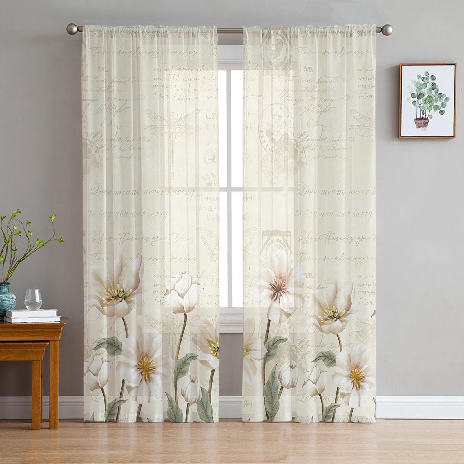 Flower Retro Plant Pastoral Style Voile Sheer Curtains Living Room Window Tulle Curtain Kitchen Bedroom Drapes Home Decor 135W x 114H(cm)