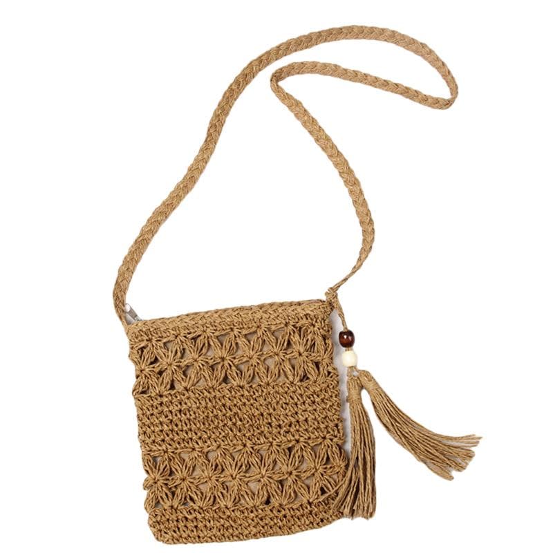 Casual Beach Straw Shoulder Bag Women Crossbody Bag All-match Handbag Square Shape Tassel Hollow Rattan Bag Fashion High Quality brown
