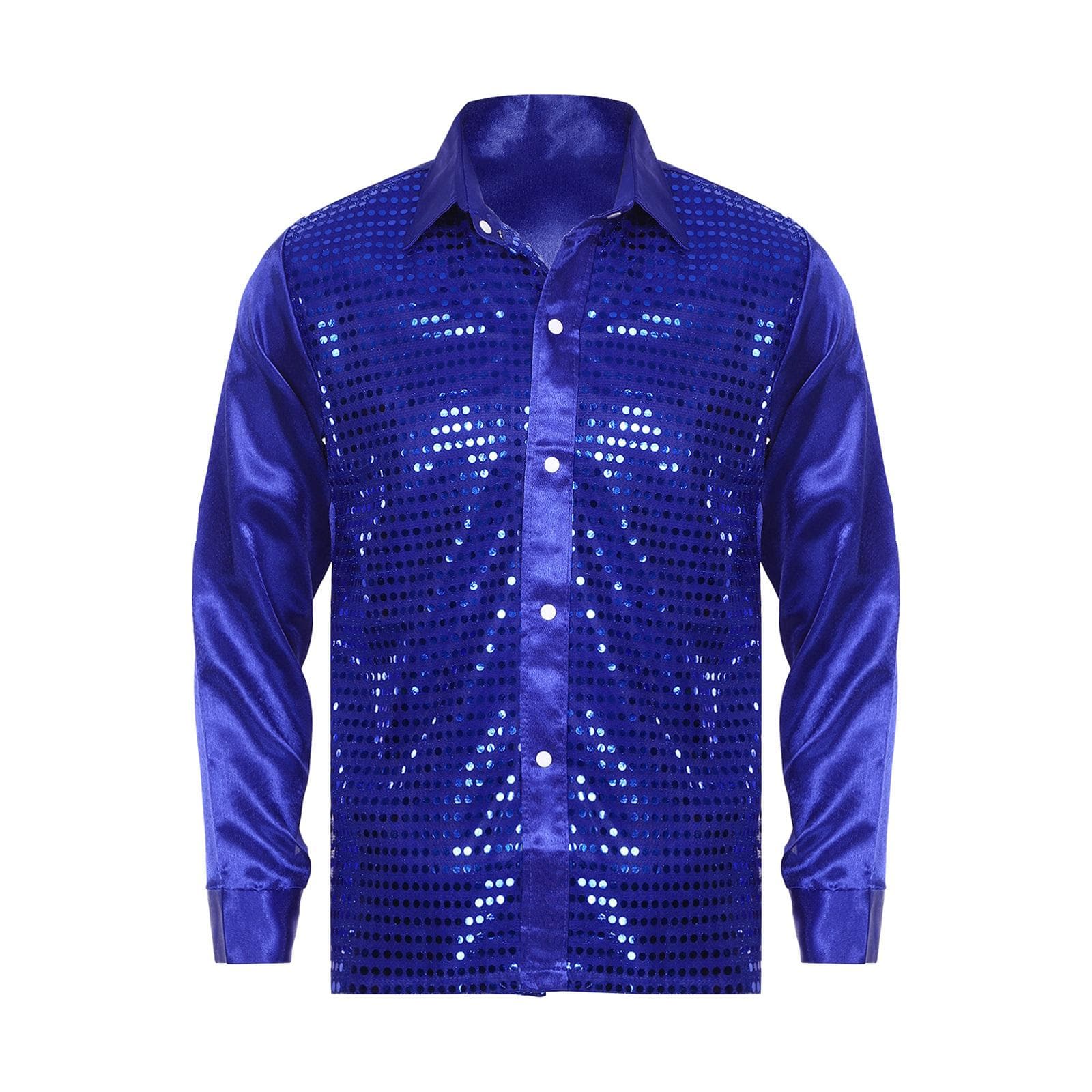 Mens Sequined Latin Dance Shirt Turn-Down Collar Long Sleeve Stage Costume Sparkly Jazz Performance Top L blue