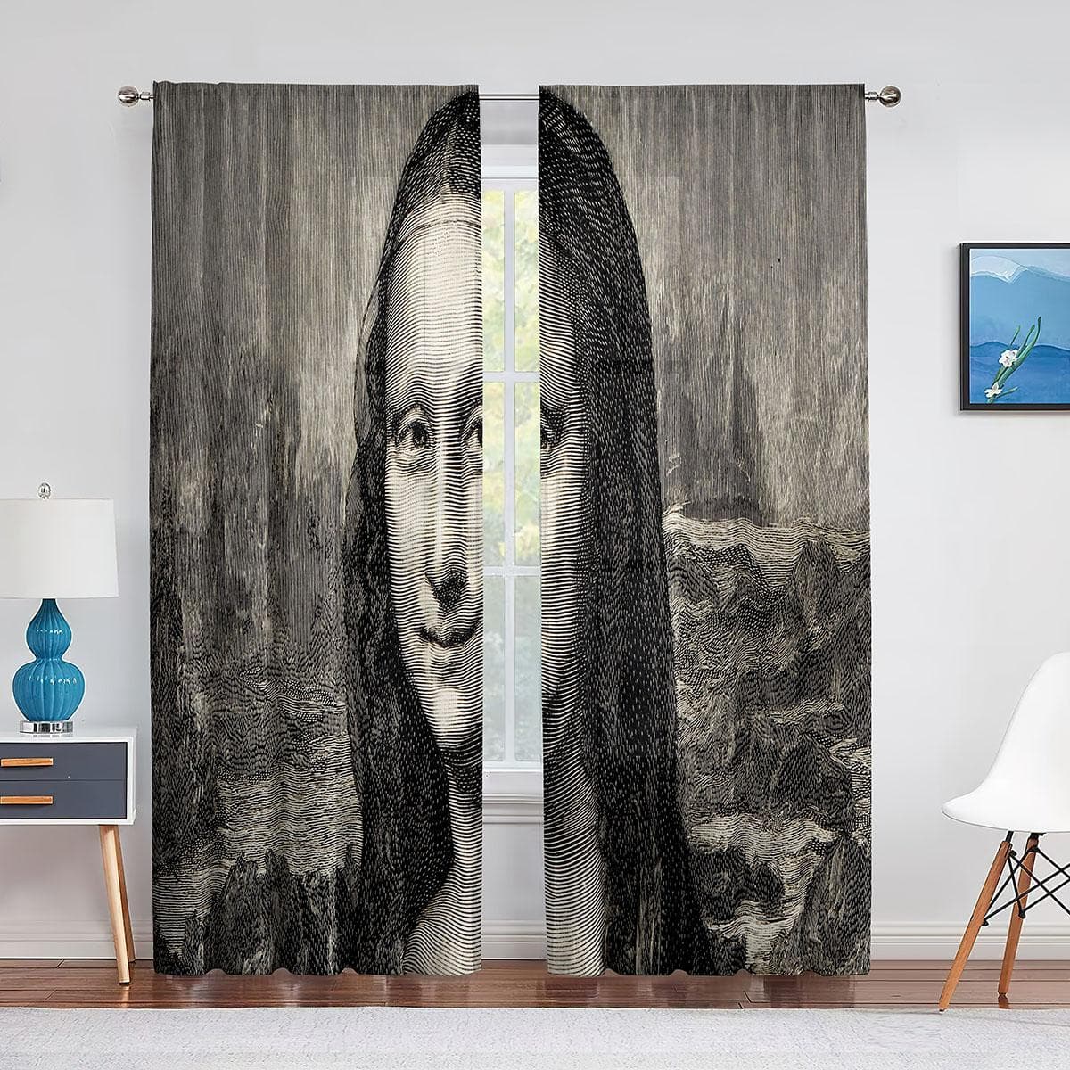 Mona Lisa and Funny Kittens Painting Tulle Curtain for Bedroom Window Curtain Luxury Cafe Hotel Decor Living Room Sheer Drape 1 PCS W250XH250cm&Rod Pocket